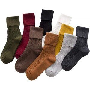 🆕 Women Brown Crew Socks Cotton Knit Soft Turn 9 Pairs Various Colors Flanging